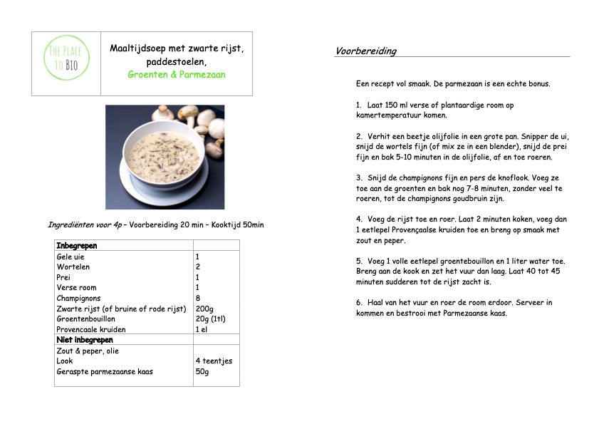 Maaltijdsoep met zwarte rijst, paddestoelen, Groenten & Parmezaan