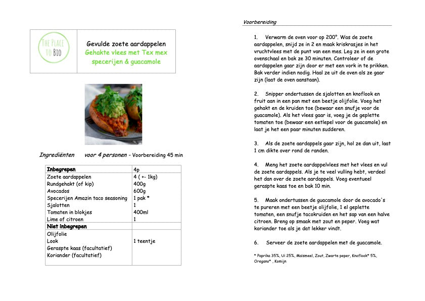 Gevulde zoete aardappelen, Gehakte vlees met Tex mex specerijen & guacamole