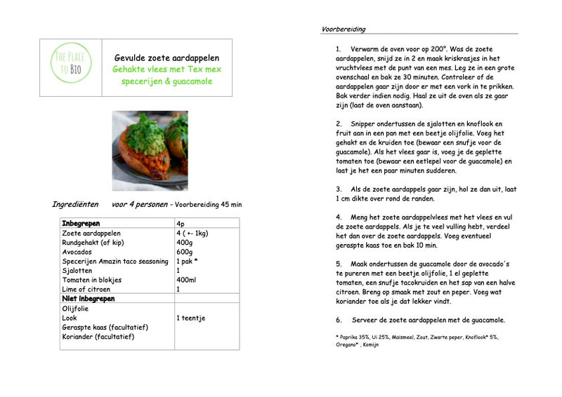 Gevulde zoete aardappelen, Gehakte vlees met Tex mex specerijen & guacamole